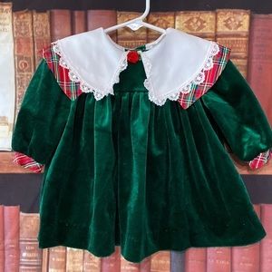 Vintage Thomas Green Velour Christmas Dress Baby Girls 12M Plaid Collar